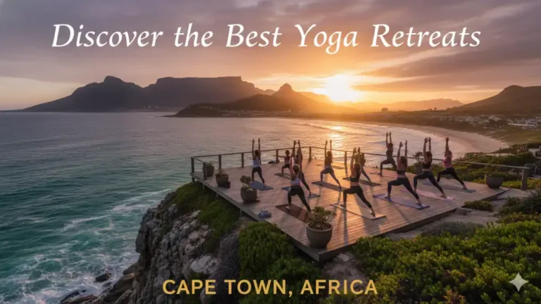 Discover the Best Yoga Retreats in Cape Town, South Africa 36 A group of people practicing yoga in warrior pose on a wooden deck overlooking the ocean at sunset in Cape Town, South Africa, with mountains in the background