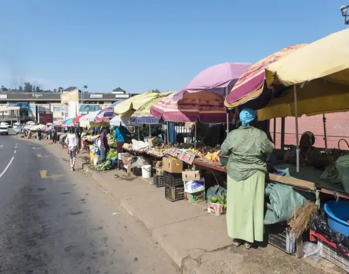 Outdoor market stalls lined with colorful umbrellas selling fruits and vegetables.