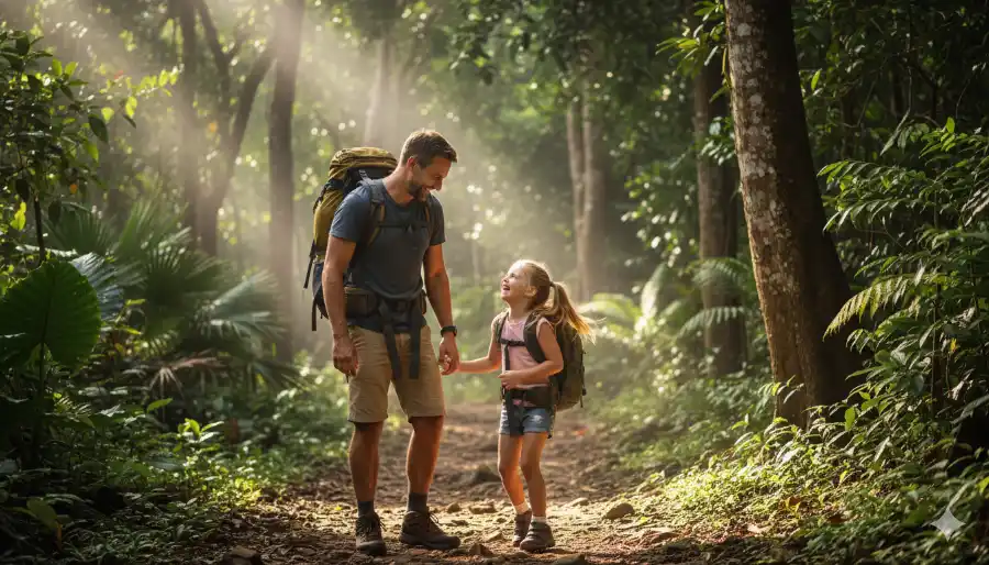 Father and daughter hiking during affordable family wellness retreats on Tripaneer